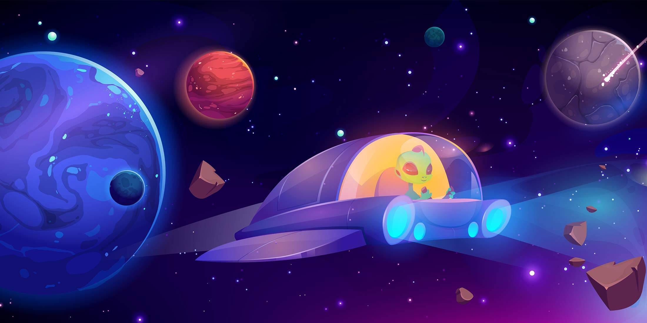 little green alien flying a purple space craft with colorful astroids and planets in the backgroud